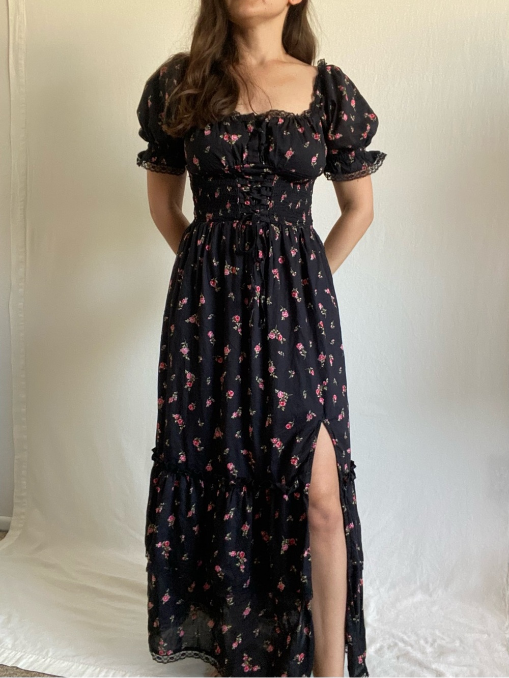 Miss Selfridge Black Maxi Dress with Pink Floral Print and Side Slit